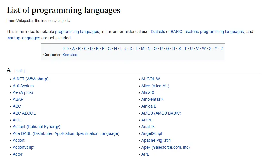 có bao nhiêu ngôn ngữ lập trình trong danh sách của Wiki